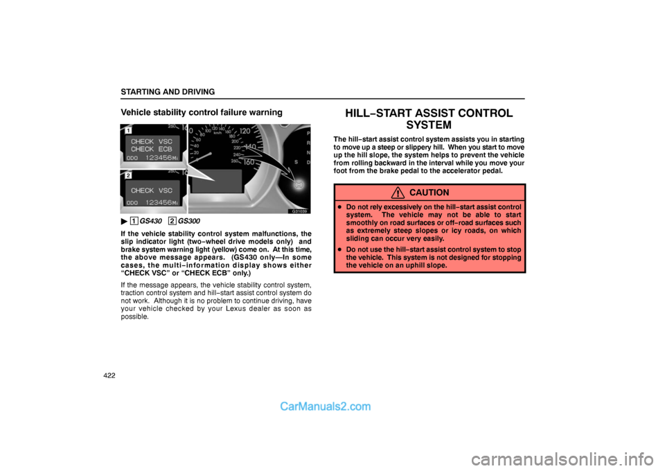 Lexus GS300 2006  Starting and Driving STARTING AND DRIVING
422
Vehicle stability control failure warning
G31039
 1
GS430   2
GS300
If the vehicle stability control system malfunctions, the
slip indicator light (two−wheel drive models o