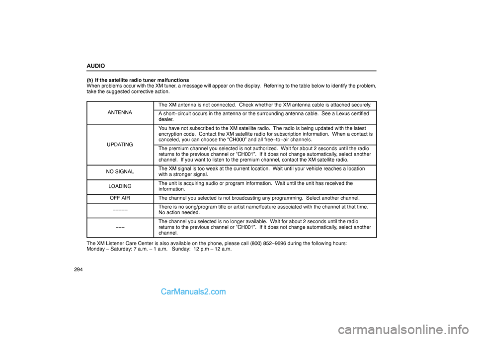 Lexus GS300 2006 Audio AUDIO
294(h) If the satellite radio tuner malfunctions
When problems occur with the XM tuner, a message will appear on the display. Referring to the table below to identify the problem,
take the sugg Lexus GS300 2006 Audio AUDIO
294(h) If the satellite radio tuner malfunctions
When problems occur with the XM tuner, a message will appear on the display. Referring to the table below to identify the problem,
take the sugg