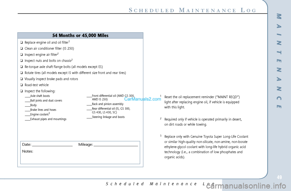 Lexus GS300 2006  Scheduled Maintenance Guide Scheduled Maintenance Log
49
S
CHEDULED
M
AINTENANCE
L
OG
❏Replace engine oil and oil filter
1
❏Clean air conditioner filter (IS 250)
❏Inspect engine air filter
2
❏Inspect nuts and bolts on ch