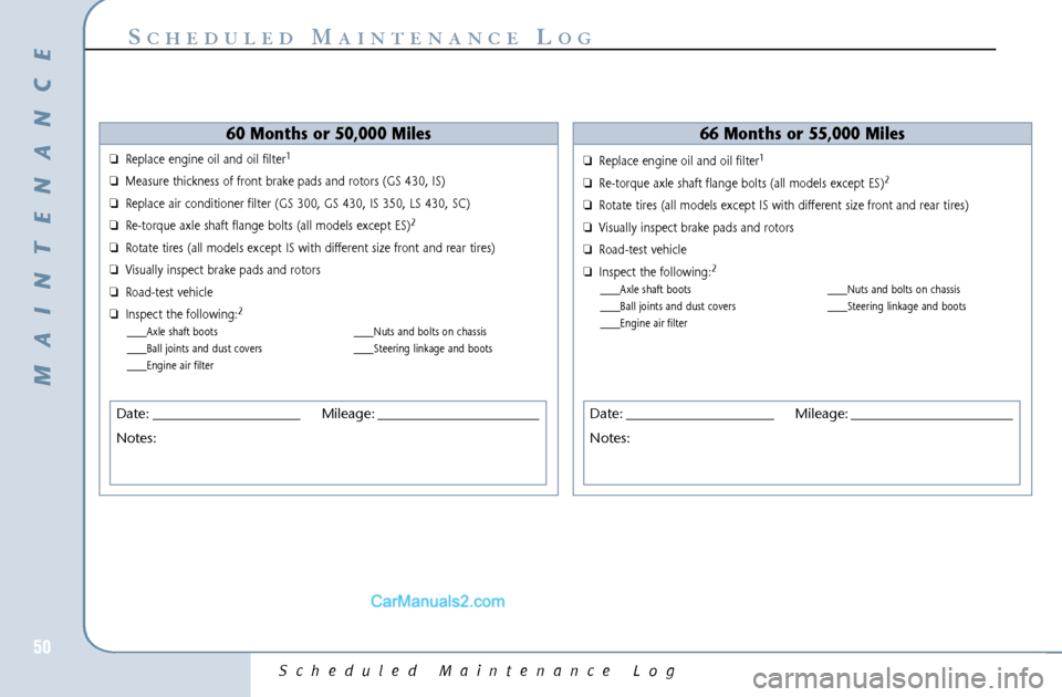 Lexus GS300 2006  Scheduled Maintenance Guide Scheduled Maintenance Log
50
S
CHEDULED
M
AINTENANCE
L
OG
60 Months or 50,000 Miles
❏Replace engine oil and oil filter
1
❏Measure thickness of front brake pads and rotors (GS 430, IS)
❏Replace a