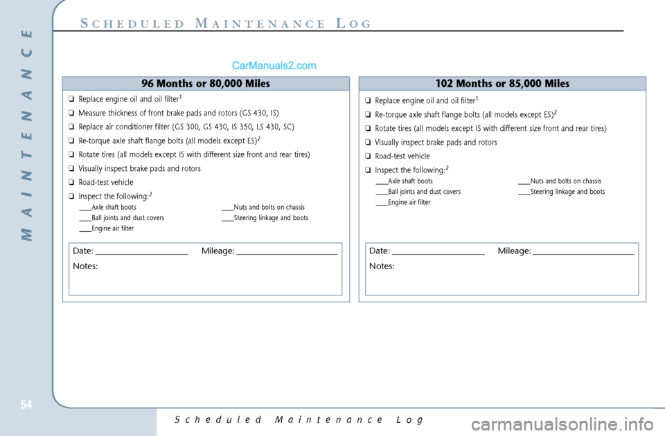 Lexus GS300 2006  Scheduled Maintenance Guide Scheduled Maintenance Log
54
S
CHEDULED
M
AINTENANCE
L
OG
96 Months or 80,000 Miles
❏Replace engine oil and oil filter
1
❏Measure thickness of front brake pads and rotors (GS 430, IS)
❏Replace a