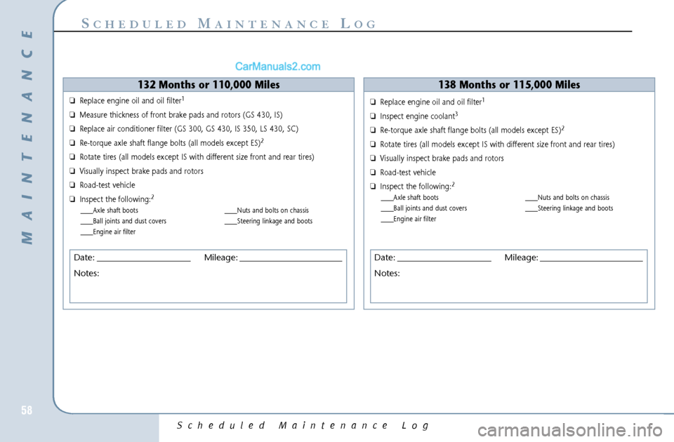 Lexus GS300 2006  Scheduled Maintenance Guide Scheduled Maintenance Log
58
S
CHEDULED
M
AINTENANCE
L
OG
132 Months or 110,000 Miles
❏Replace engine oil and oil filter
1
❏Measure thickness of front brake pads and rotors (GS 430, IS)
❏Replace