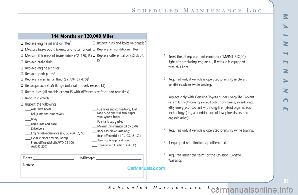 Lexus GS300 2006  Scheduled Maintenance Guide Scheduled Maintenance Log
59
S
CHEDULED
M
AINTENANCE
L
OG
❏Replace engine oil and oil filter
1
❏Measure brake pad thickness and rotor runout
❏Measure thickness of brake rotors (GS 430, IS)
❏Re