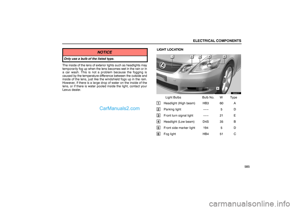 Lexus GS300 2006  Electrical Components ELECTRICAL COMPONENTS
585
NOTICE
Only use a bulb of the listed type.
The inside of the lens of exterior lights such as headlights may
temporarily fog up when the lens becomes wet in the rain or in
a c