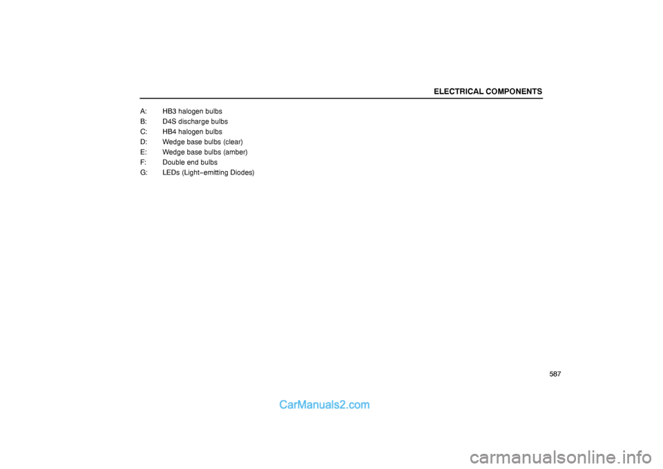 Lexus GS300 2006  Electrical Components ELECTRICAL COMPONENTS
587 A: HB3 halogen bulbs
B: D4S discharge bulbs
C: HB4 halogen bulbs
D: Wedge base bulbs (clear)
E: Wedge base bulbs (amber)
F: Double end bulbs
G: LEDs (Light−emitting Diodes)