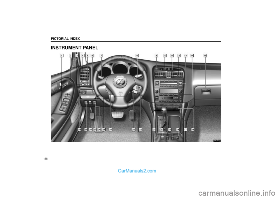 Lexus GS300 2004 Pictorial Index PG005g
PICTORIAL INDEX
viii
INSTRUMENT PANEL Lexus GS300 2004 Pictorial Index PG005g
PICTORIAL INDEX
viii
INSTRUMENT PANEL