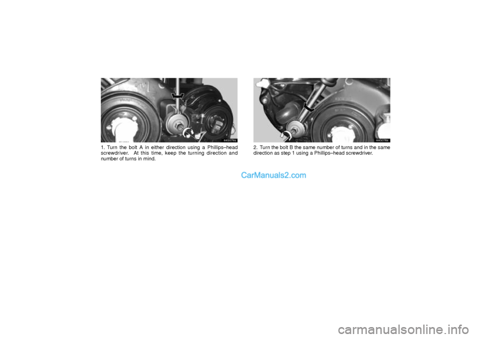 Lexus GS300 2003  Electrical Components 64G079a
1. Turn the bolt A in either direction using a Phillips±head
screwdriver.  At this time, keep the turning direction and
number of turns in mind.
64g078a
2. Turn the bolt B the same number of 