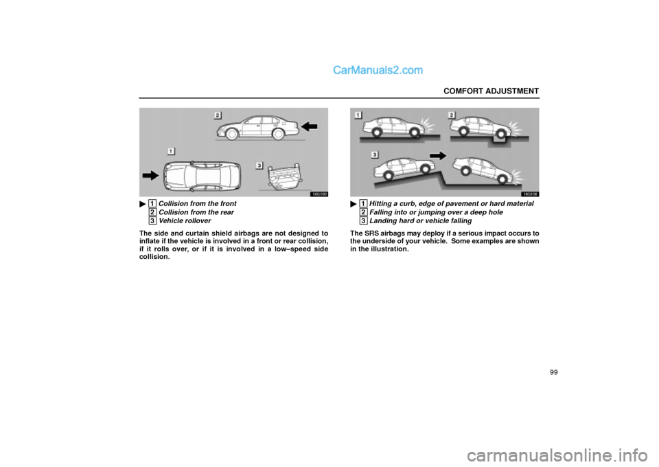 Lexus GS300 2002  Comfort Adjustment COMFORT ADJUSTMENT
99
16G109
 1Collision from the front
 2Collision from the rear
 3Vehicle rollover
The side and curtain shield airbags are not designed to
inflate if the vehicle is involved in a fr