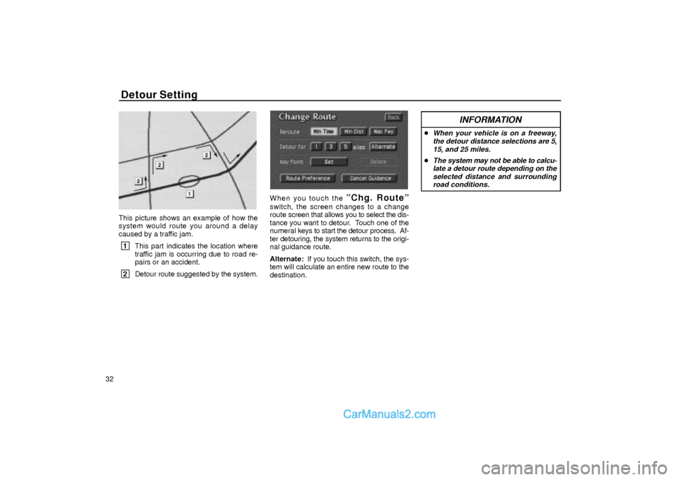 Lexus GS300 2001 Basic Funcitons Detour Setting
32
EMV3065U
This picture shows an example of how the
system would route you around a delay
caused by a traffic jam.
1
This part indicates the location where
traffic jam is occurring du Lexus GS300 2001 Basic Funcitons Detour Setting
32
EMV3065U
This picture shows an example of how the
system would route you around a delay
caused by a traffic jam.
1
This part indicates the location where
traffic jam is occurring du