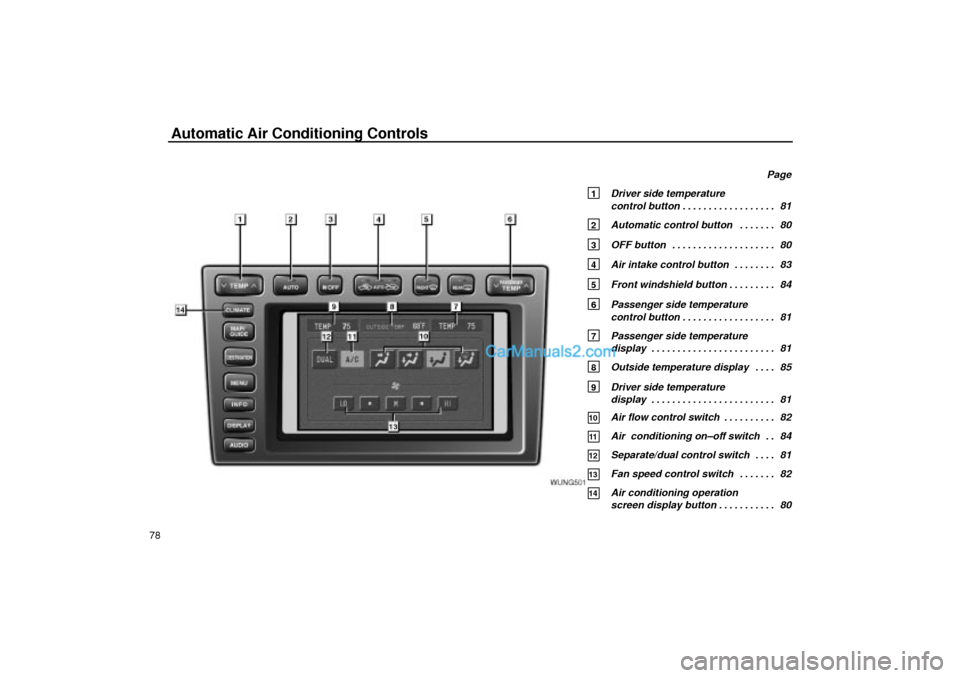 Lexus GS300 2001  Air Conditioning Automatic Air Conditioning Controls
UNG501
78
Page
1 Driver side temperature 
control button 81. . . . . . . . . . . . . . . . . . 
2 Automatic control button 80. . . . . . . 
3 OFF button 80. . . . .