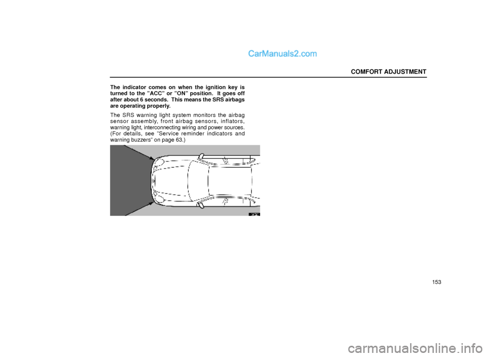 Lexus GS300 2000  Comfort Adjustment COMFORT ADJUSTMENT
153 The indicator comes on when the ignition key is
turned to the ºACCº or ºONº position.  It goes off
after about 6 seconds.  This means the SRS airbags
are operating properly.