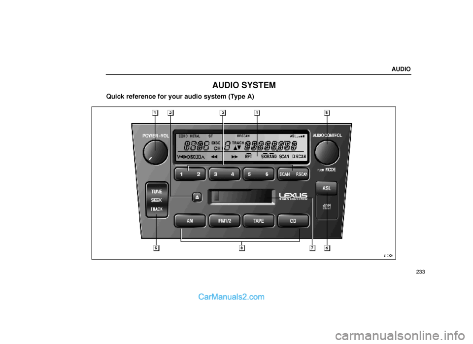 Lexus GS300 2000  Audio AUDIO
233
AUDIO SYSTEM
Quick reference for your audio system (Type A)
21G004±1  