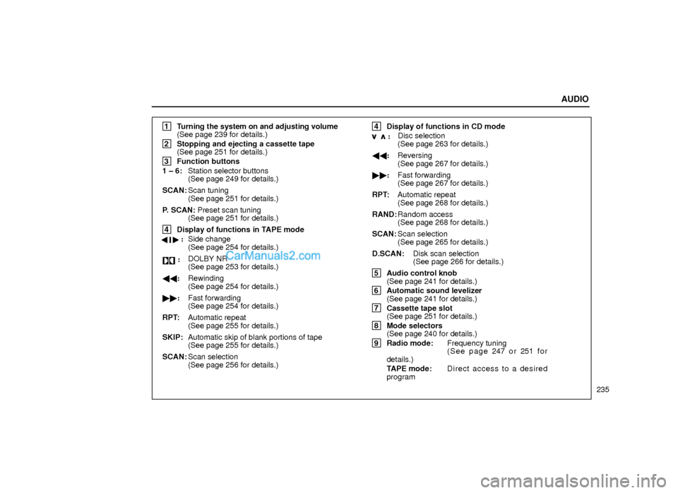 Lexus GS300 2000  Audio AUDIO
235
 1
Turning the system on and adjusting volume
(See page 239 for details.)
 2
Stopping and ejecting a cassette tape
(See page 251 for details.)
 3
Function buttons
1 ± 6:Station selector but