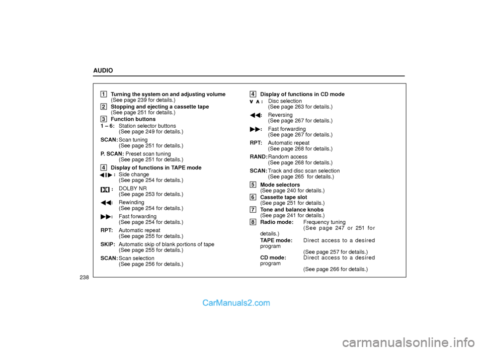 Lexus GS300 2000  Audio AUDIO
238
 1
Turning the system on and adjusting volume
(See page 239 for details.)
 2
Stopping and ejecting a cassette tape
(See page 251 for details.)
 3
Function buttons
1 ± 6:Station selector but