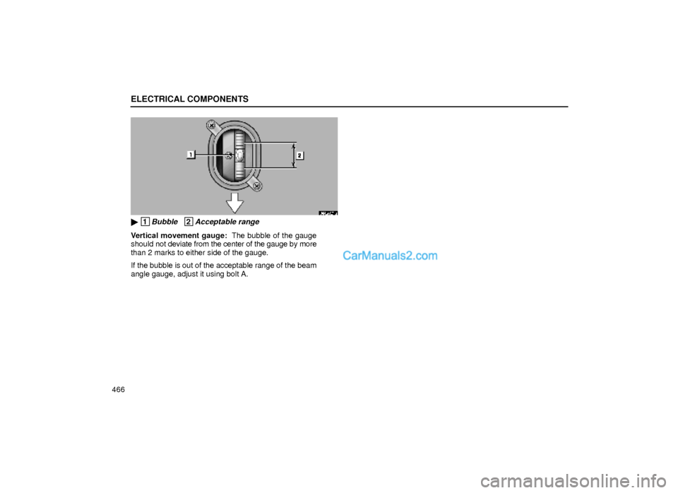 Lexus GS300 2000  Electrical Components ELECTRICAL COMPONENTS
466
64G021a
 1Bubble   2Acceptable range
Vertical movement gauge:  The bubble of the gauge
should not deviate from the center of the gauge by more
than 2 marks to either side of