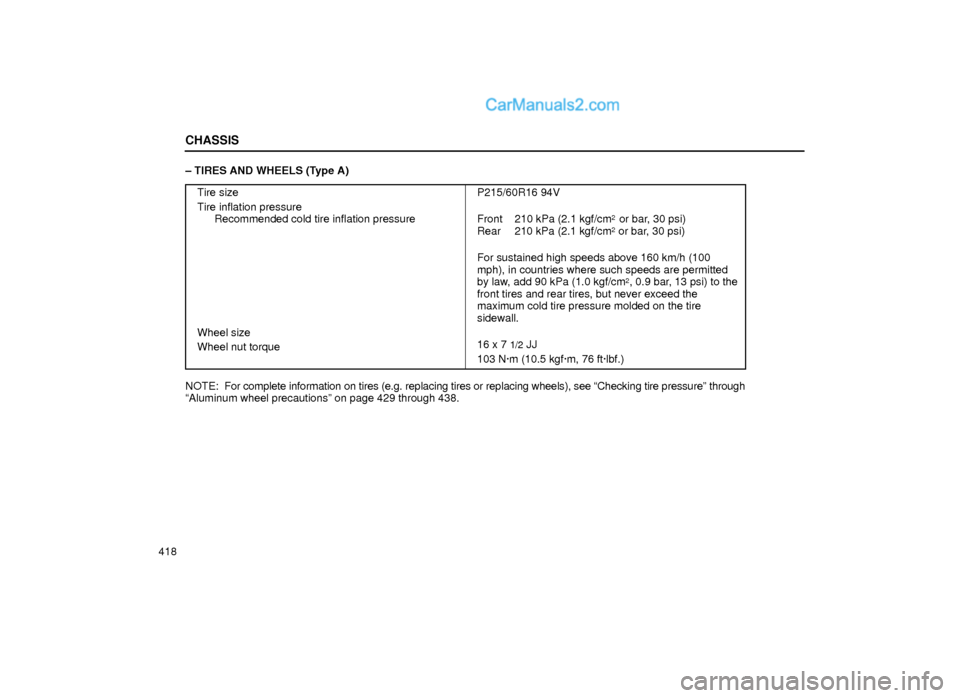 Lexus GS300 2000  Chassis CHASSIS
418± TIRES AND WHEELS (Type A)
Tire size
Tire inflation pressure
Recommended cold tire inflation pressure
Wheel size
Wheel nut torque
P215/60R16 94V
Front  210 kPa (2.1 kgf/cm
2
  or bar, 30 