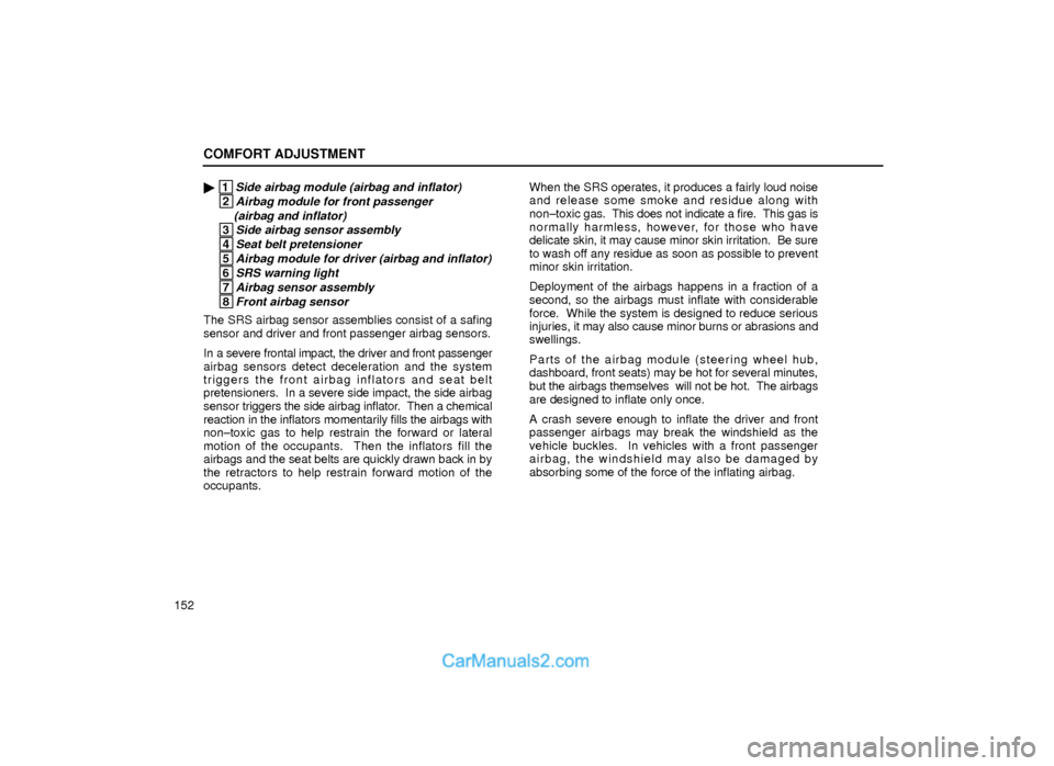 Lexus GS300 1999  Comfort Adjustment COMFORT ADJUSTMENT
152
 1Side airbag module (airbag and inflator)
 2Airbag module for front passenger 
(airbag and inflator)
 3Side airbag sensor assembly
 4Seat belt pretensioner
 5Airbag module for