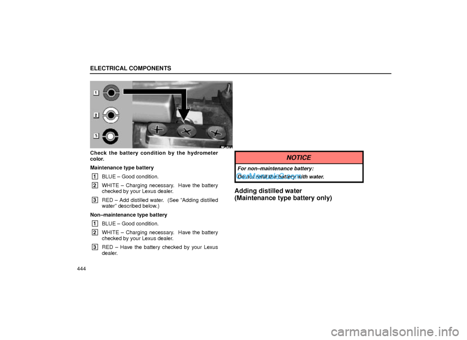 Lexus GS300 1999  Electrical Components ELECTRICAL COMPONENTS
444
64G003a
Check the battery condition by the hydrometer
color.
Maintenance type battery
 1
BLUE ± Good condition.
 2
WHITE ± Charging necessary.  Have the battery
checked by 