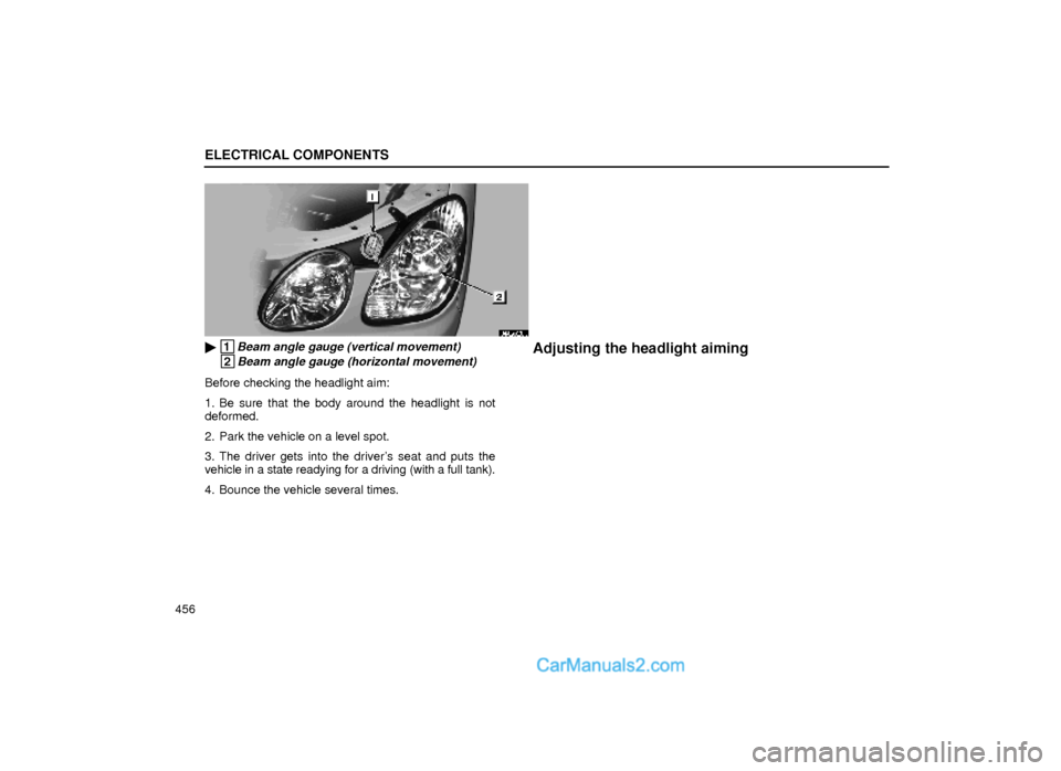 Lexus GS300 1999  Electrical Components ELECTRICAL COMPONENTS
456
64G020b
 1Beam angle gauge (vertical movement)
 2Beam angle gauge (horizontal movement)
Before checking the headlight aim:
1. Be sure that the body around the headlight is n