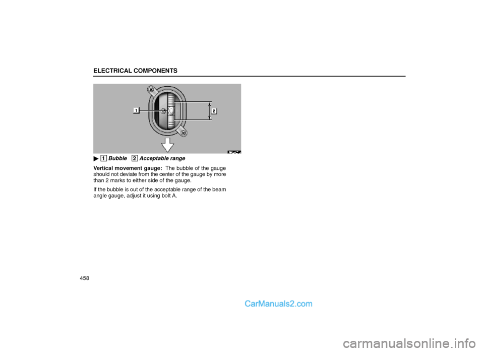 Lexus GS300 1999  Electrical Components ELECTRICAL COMPONENTS
458
64G021a
 1Bubble   2Acceptable range
Vertical movement gauge:  The bubble of the gauge
should not deviate from the center of the gauge by more
than 2 marks to either side of