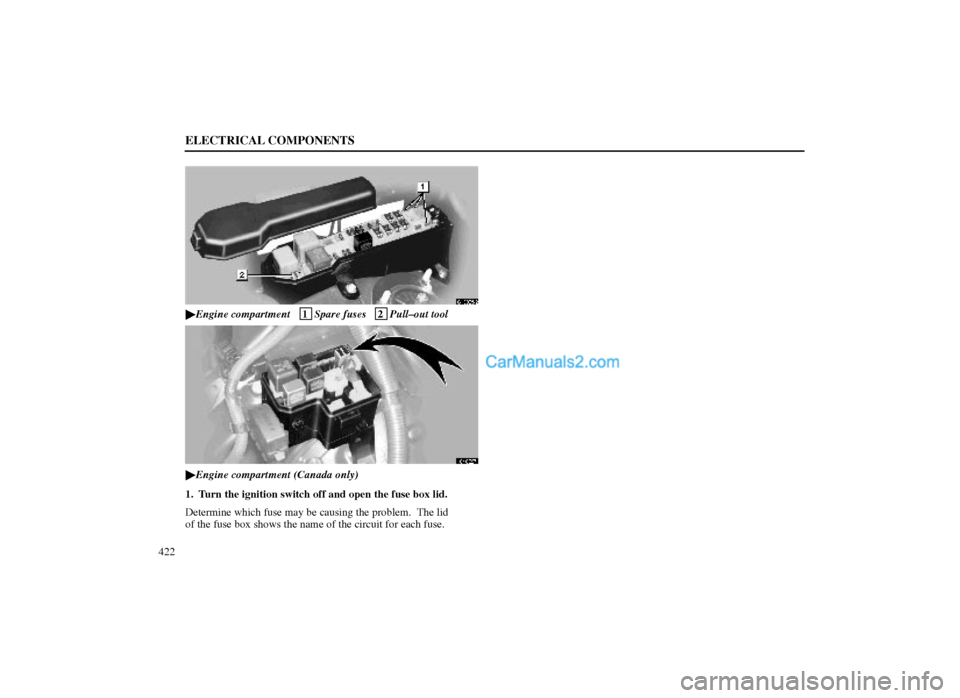 Lexus GS300 1998  Electrical Components ELECTRICAL COMPONENTS
422
64G005±2
Engine compartment   1
Spare fuses   2
Pull±out tool
64G027
Engine compartment (Canada only)
1. Turn the ignition switch off and open the fuse box lid.
Determine