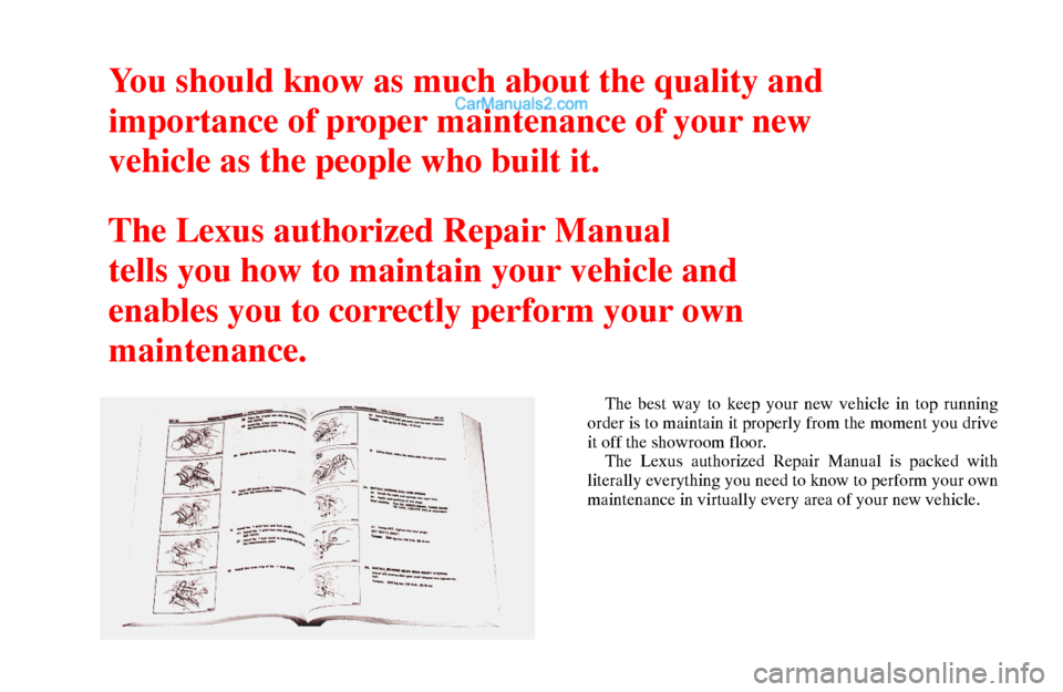 Lexus GS300 1994  Repair Manual Information You should know as much about the quality and
importance of proper maintenance of your new
vehicle as the people who built it.
The Lexus authorized Repair Manual
tells you how to maintain your vehicle