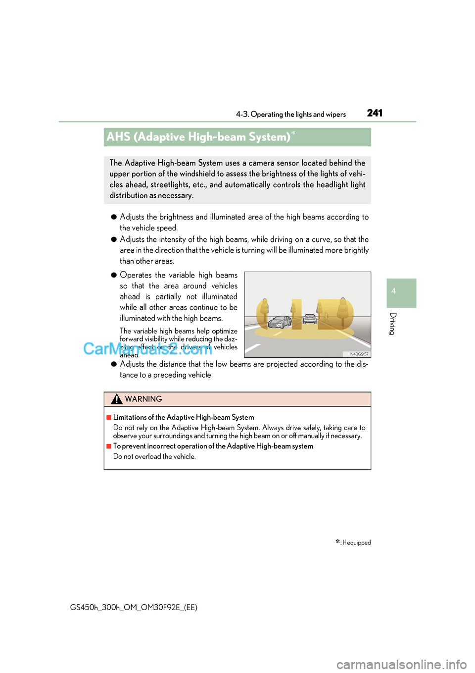 Lexus GS300h 2017  Owners Manual 241
4
4-3. Operating the lights and wipers
Driving
GS450h_300h_OM_OM30F92E_(EE)
AHS (Adaptive High-beam System)
●
Adjusts the brightness and illuminated area of the high beams according to 
the v