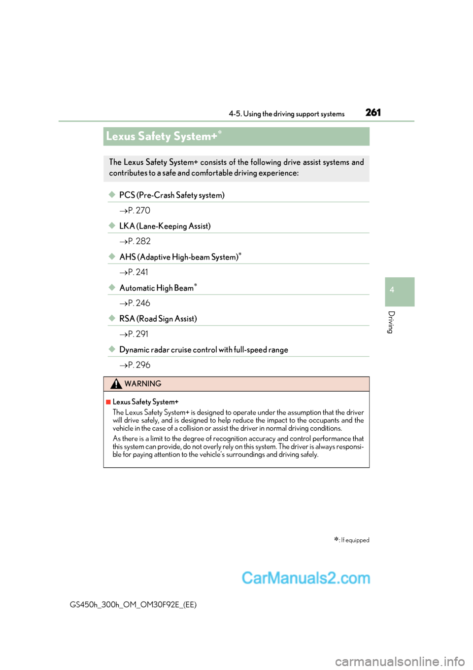 Lexus GS300h 2017 Owners Manual 261
4
4-5. Using the driving support systems
Driving
GS450h_300h_OM_OM30F92E_(EE)
Lexus Safety System+
◆PCS (Pre-Crash Safety system)
P. 270
◆LKA (Lane-Keeping Assist) P. 282
◆AHS (Ada Lexus GS300h 2017 Owners Manual 261
4
4-5. Using the driving support systems
Driving
GS450h_300h_OM_OM30F92E_(EE)
Lexus Safety System+
◆PCS (Pre-Crash Safety system)
P. 270
◆LKA (Lane-Keeping Assist) P. 282
◆AHS (Ada