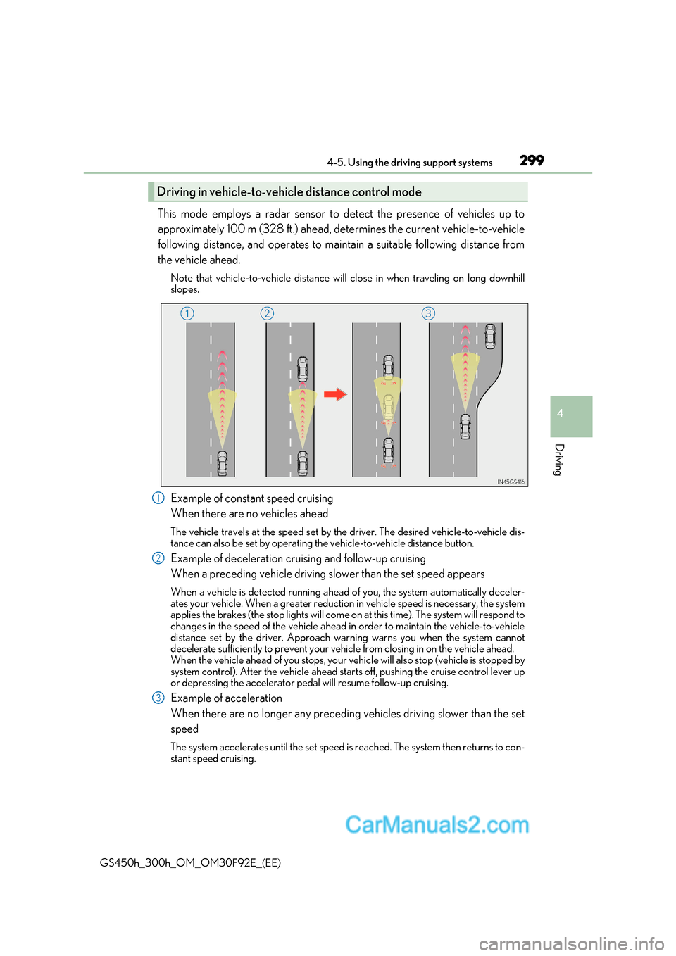Lexus GS300h 2017  Owners Manual 299
4-5. Using the driving support systems
4
Driving
GS450h_300h_OM_OM30F92E_(EE) This mode employs a radar sensor to detect the presence of vehicles up to 
approximately 100 m (328 ft.) ahead, determ