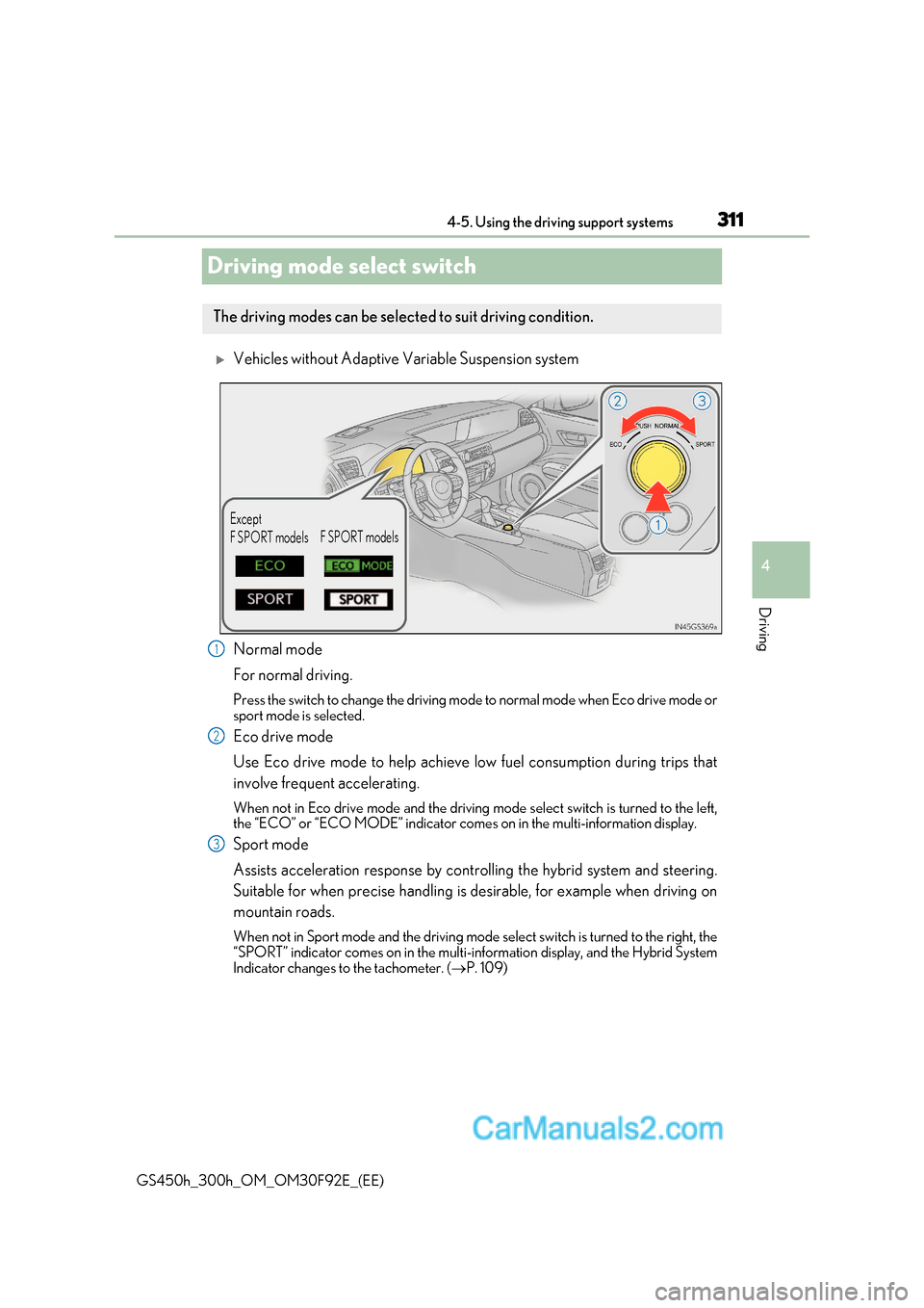 Lexus GS300h 2017 Owners Guide 311
4
4-5. Using the driving support systems
Driving
GS450h_300h_OM_OM30F92E_(EE)
Driving mode select switch
Vehicles without Adaptive Variable Suspension system 
Normal mode 
For normal driving. 
