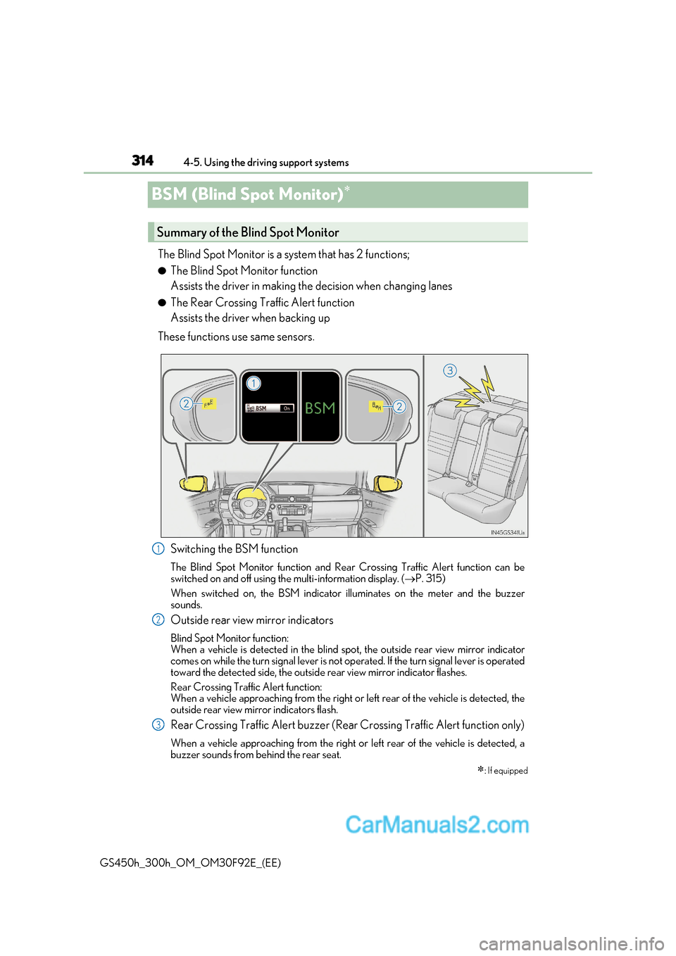 Lexus GS300h 2017 Owners Manual 3144-5. Using the driving support systems
GS450h_300h_OM_OM30F92E_(EE)
BSM (Blind Spot Monitor)
The Blind Spot Monitor is a system that has 2 functions; ●
The Blind Spot Monitor function
Assis Lexus GS300h 2017 Owners Manual 3144-5. Using the driving support systems
GS450h_300h_OM_OM30F92E_(EE)
BSM (Blind Spot Monitor)
The Blind Spot Monitor is a system that has 2 functions; ●
The Blind Spot Monitor function
Assis