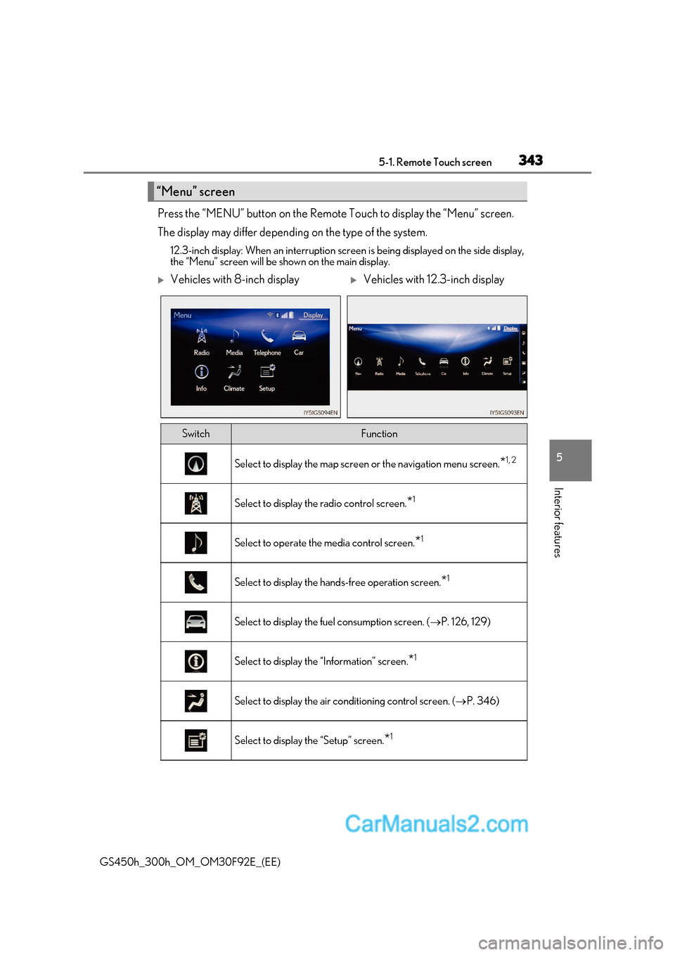 Lexus GS300h 2017 Owners Manual 343
5-1. Remote Touch screen
5
Interior features
GS450h_300h_OM_OM30F92E_(EE) Press the “MENU” button on the Remote Touch to display the “Menu” screen.
The display may differ depending on the Lexus GS300h 2017 Owners Manual 343
5-1. Remote Touch screen
5
Interior features
GS450h_300h_OM_OM30F92E_(EE) Press the “MENU” button on the Remote Touch to display the “Menu” screen.
The display may differ depending on the