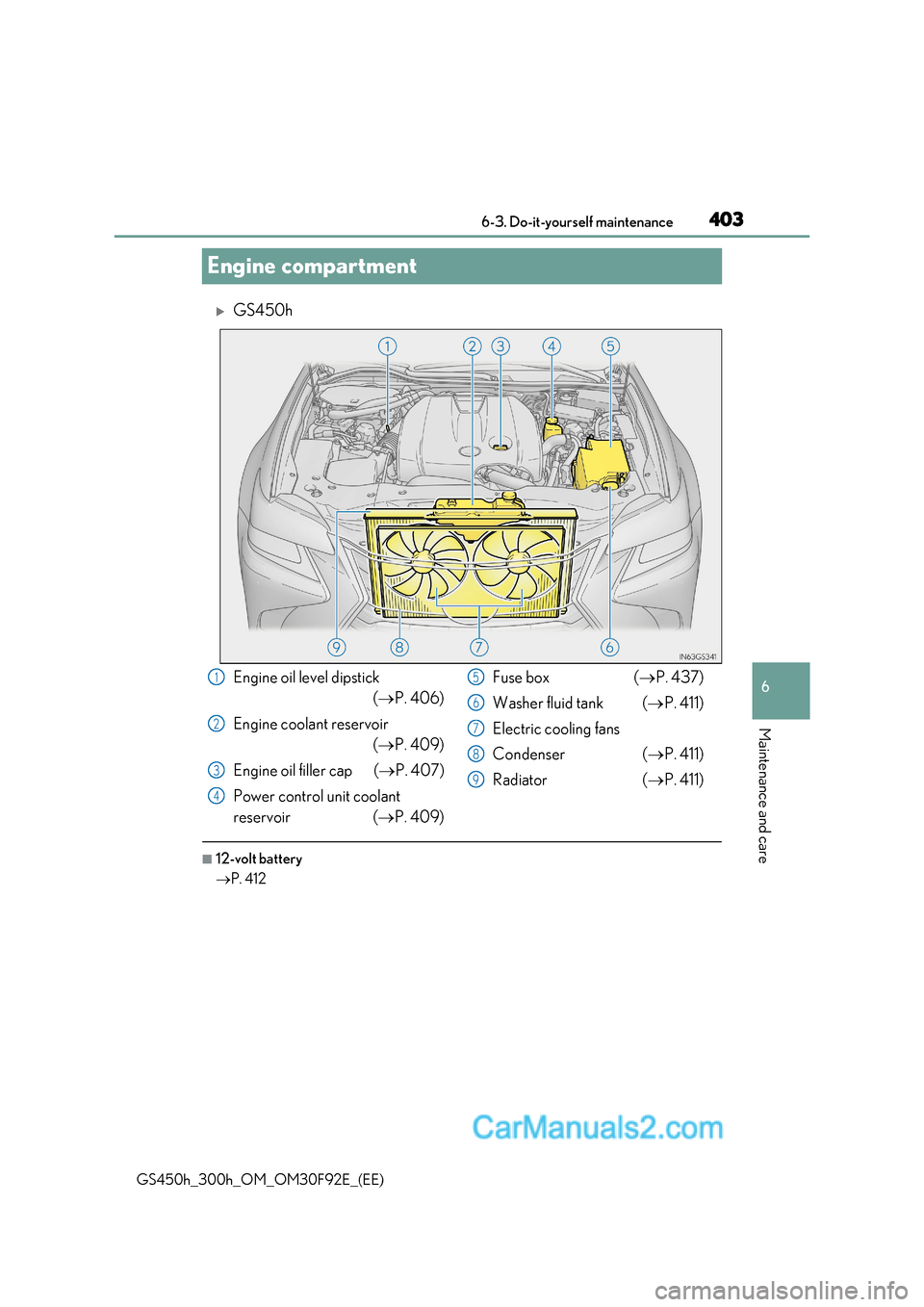 Lexus GS300h 2017  Owners Manual 403
6
 6-3. Do-it-yourself maintenance
Maintenance and care
GS450h_300h_OM_OM30F92E_(EE)
Engine compartment
GS450h
■12-volt battery P. 412
Engine oil level dipstick
( P. 406)
Engine coolant