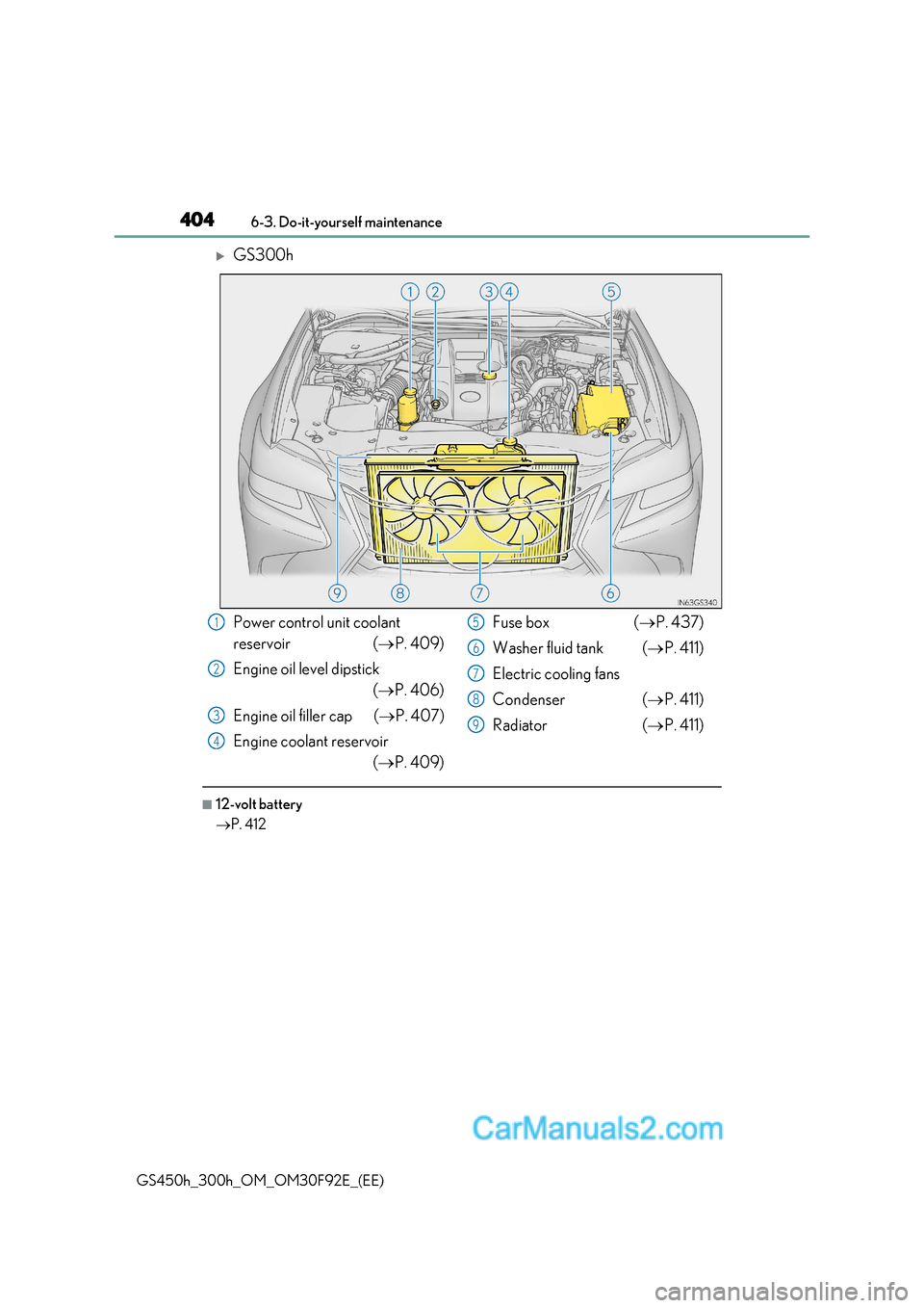 Lexus GS300h 2017  Owners Manual 4046-3. Do-it-yourself maintenance
GS450h_300h_OM_OM30F92E_(EE)
GS300h
■12-volt battery P. 412
Power control unit coolant  
reservoir ( P. 409)
Engine oil level dipstick ( P. 406)
Engine