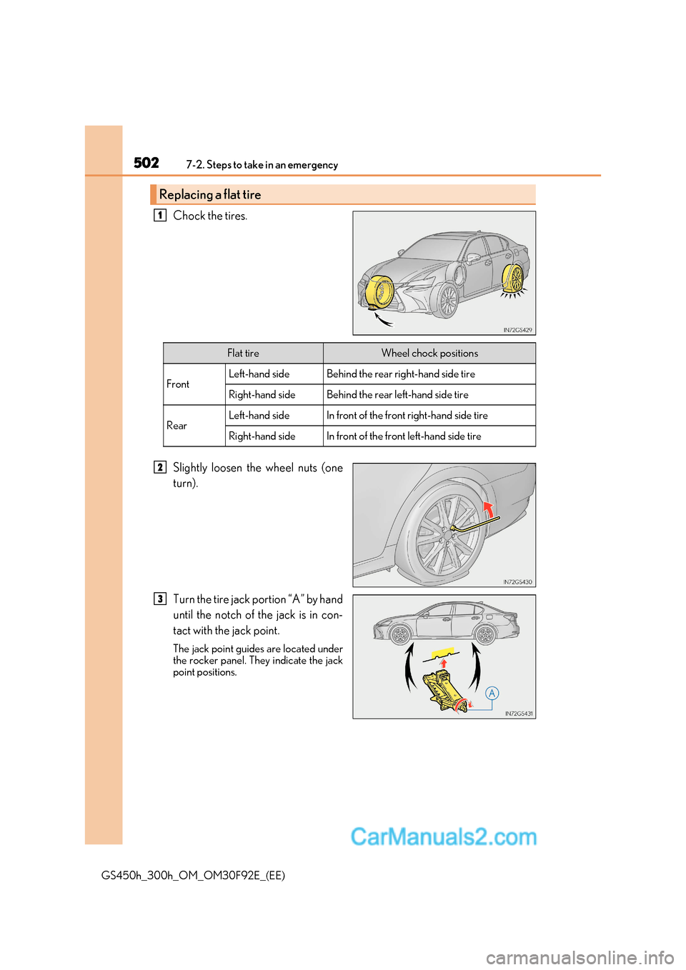 Lexus GS300h 2017  Owners Manual 5027-2. Steps to take in an emergency
GS450h_300h_OM_OM30F92E_(EE) Chock the tires. 
Slightly loosen the wheel nuts (one 
turn). 
Turn the tire jack portion “A” by hand 
until the notch of the jac