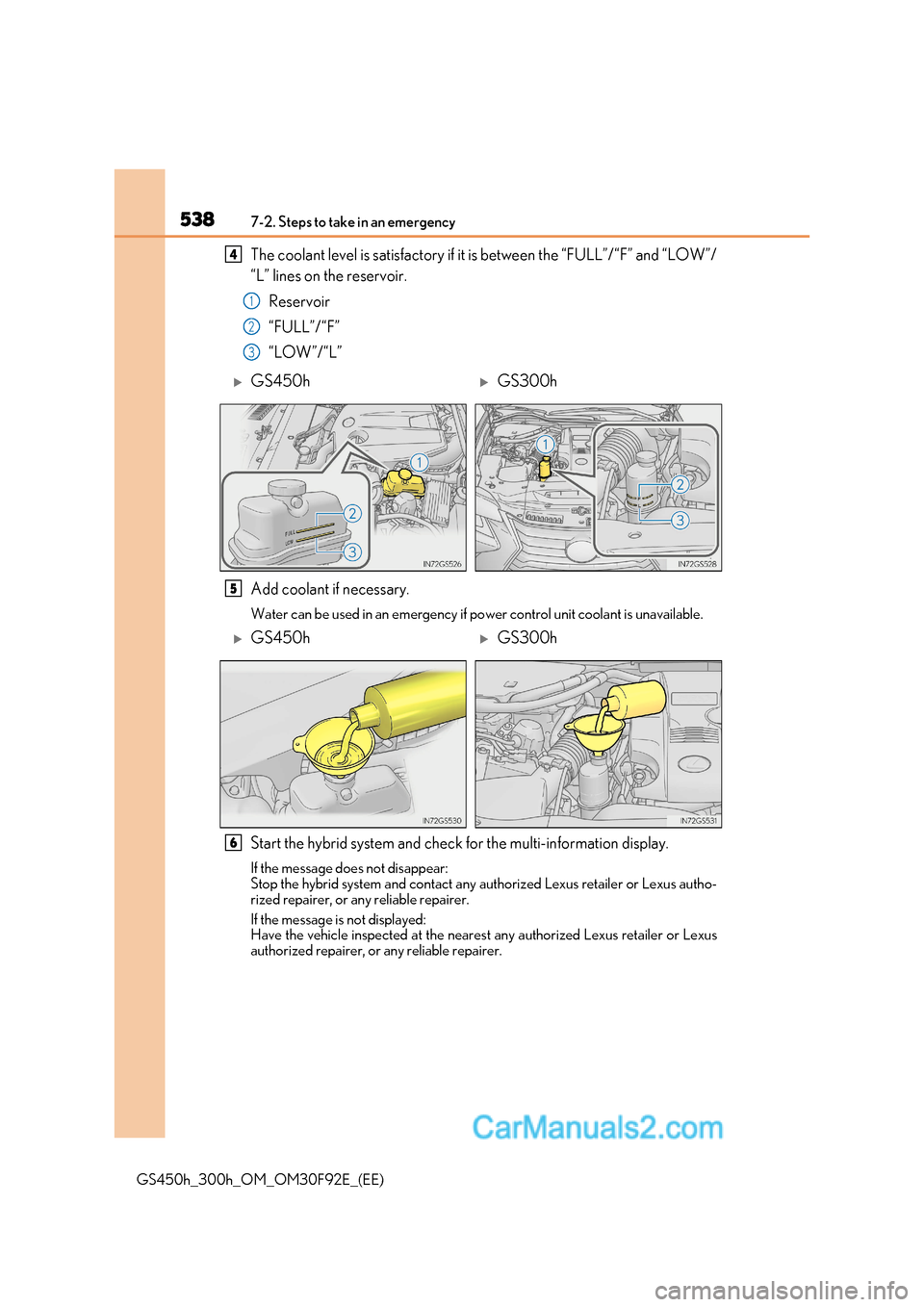 Lexus GS300h 2017  Owners Manual 5387-2. Steps to take in an emergency
GS450h_300h_OM_OM30F92E_(EE) The coolant level is satisfactory if it is between the “FULL”/“F” and “LOW”/ 
“L” lines on the reservoir.
Reservoir 
