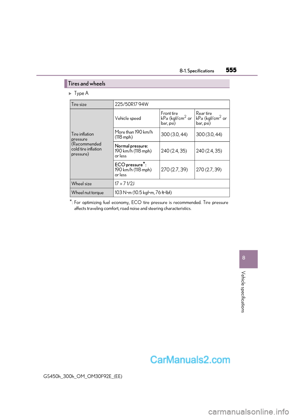 Lexus GS300h 2017  Owners Manual 555
8
8-1. Specifications
Vehicle specifications
GS450h_300h_OM_OM30F92E_(EE)
Type A
* : For optimizing fuel economy, ECO tire  pressure is recommended. Tire pressure
affects traveling comfort, roa