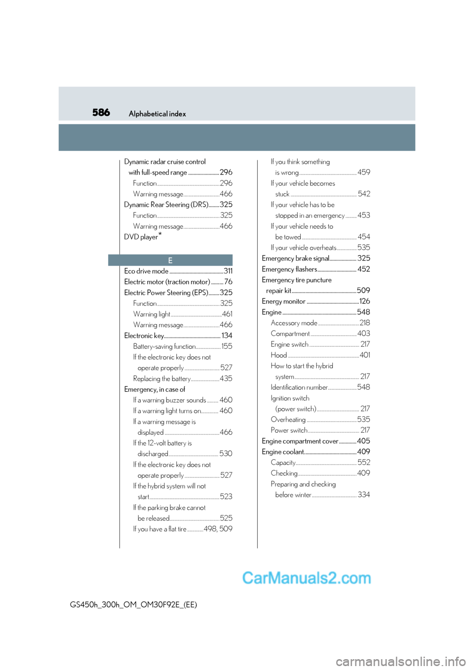 Lexus GS300h 2017  Owners Manual 586Alphabetical index
GS450h_300h_OM_OM30F92E_(EE) Dynamic radar cruise control 
with full-speed range ....................... 296
Function .................................................. 296 
Warn