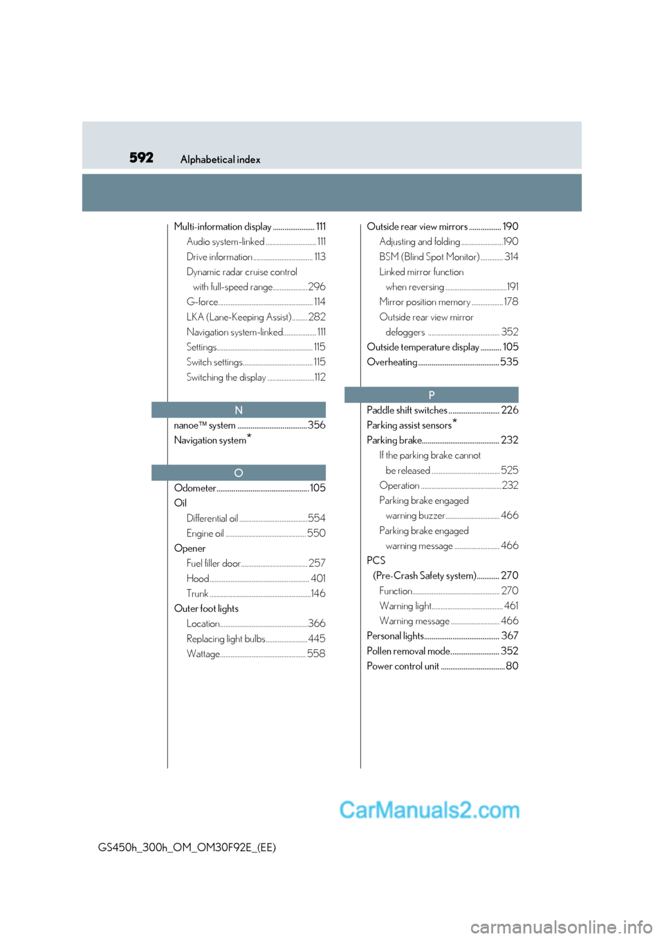 Lexus GS300h 2017 Service Manual 592Alphabetical index
GS450h_300h_OM_OM30F92E_(EE) Multi-information display ...................... 111
Audio system-linked ............................. 111 
Drive information .......................