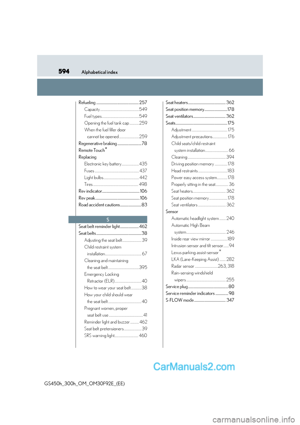 Lexus GS300h 2017  Owners Manual 594Alphabetical index
GS450h_300h_OM_OM30F92E_(EE) Refueling .................................................. 257
Capacity .................................................549 
Fuel types ..........