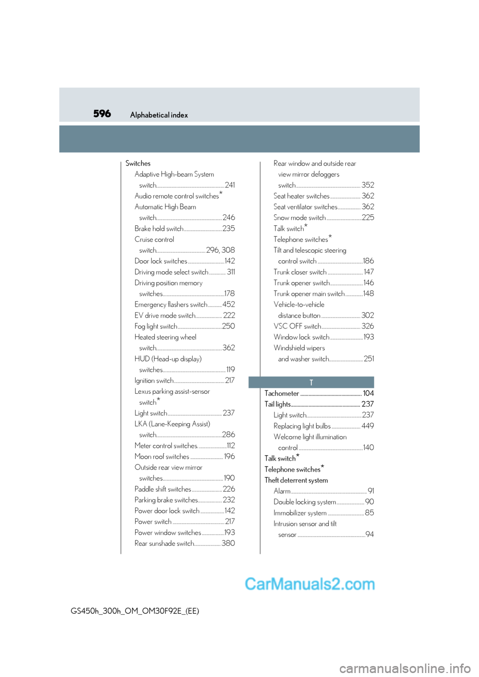 Lexus GS300h 2017 Manual PDF 596Alphabetical index
GS450h_300h_OM_OM30F92E_(EE) Switches
Adaptive High-beam System 
switch...................................................... 241
Audio remote control switches *
Automatic High B