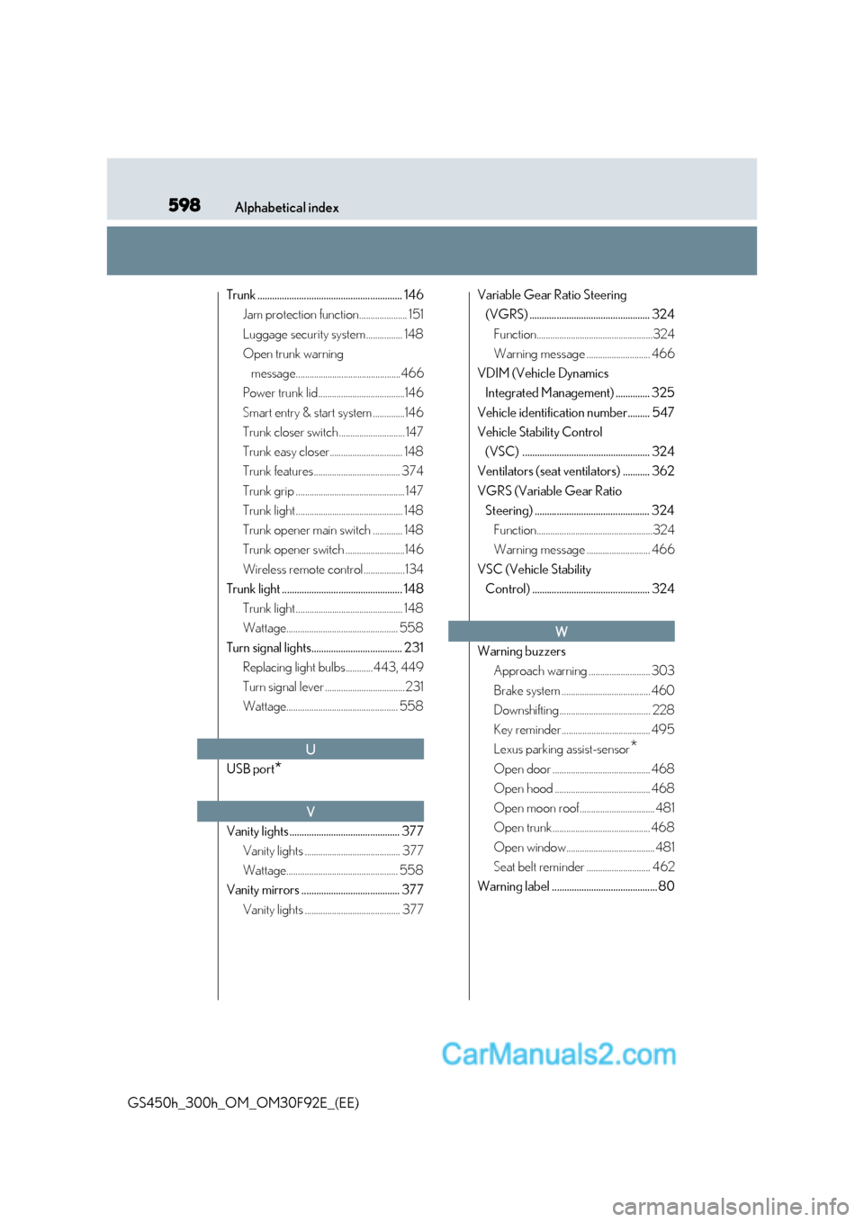 Lexus GS300h 2017 Manual PDF 598Alphabetical index
GS450h_300h_OM_OM30F92E_(EE) Trunk ........................................................... 146
Jam protection function..................... 151 
Luggage security system .....