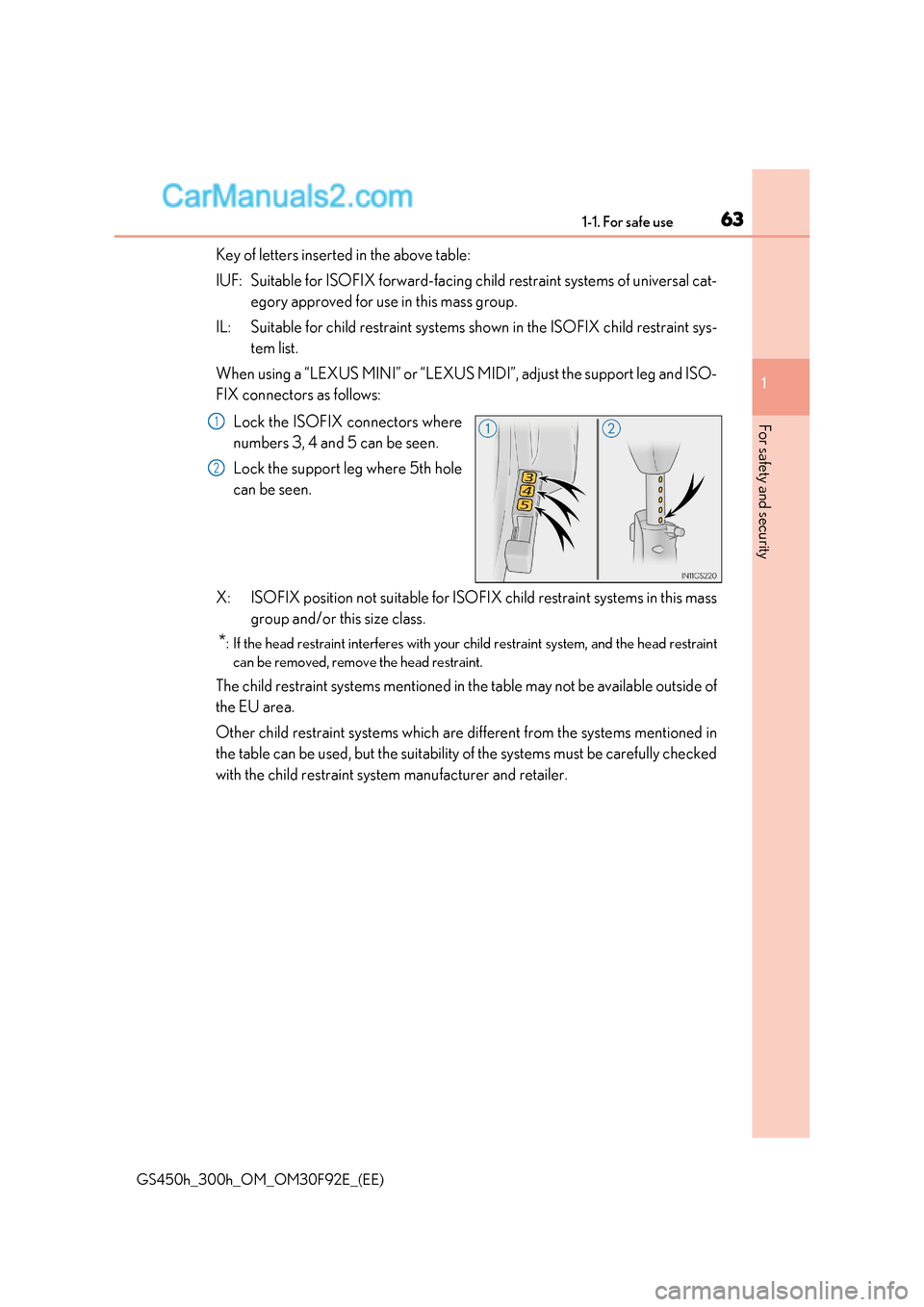 Lexus GS300h 2017 Repair Manual 63
1-1. For safe use
1
For safety and security
GS450h_300h_OM_OM30F92E_(EE) Key of letters inserted in the above table:
IUF: Suitable for ISOFIX forward-facing child restraint systems of un
iversal c Lexus GS300h 2017 Repair Manual 63
1-1. For safe use
1
For safety and security
GS450h_300h_OM_OM30F92E_(EE) Key of letters inserted in the above table:
IUF: Suitable for ISOFIX forward-facing child restraint systems of un
iversal c