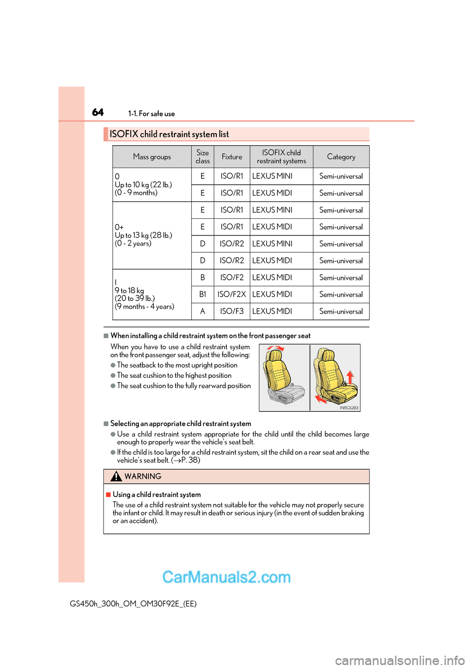 Lexus GS300h 2017 User Guide 641-1. For safe use
GS450h_300h_OM_OM30F92E_(EE)
■When installing a child restraint system on the front passenger seat
■Selecting an appropriate child restraint system
●Use a child restraint sys