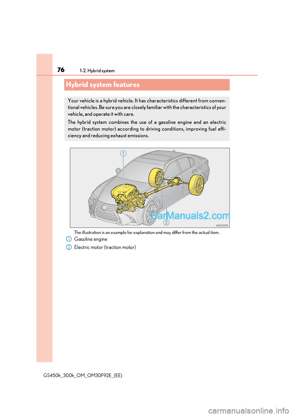 Lexus GS300h 2017  Owners Manual 761-2. Hybrid system
GS450h_300h_OM_OM30F92E_(EE)
Hybrid system features
The illustration is an exam ple for explanation and may  differ from the actual item.
Gasoline engine 
Electric motor (traction