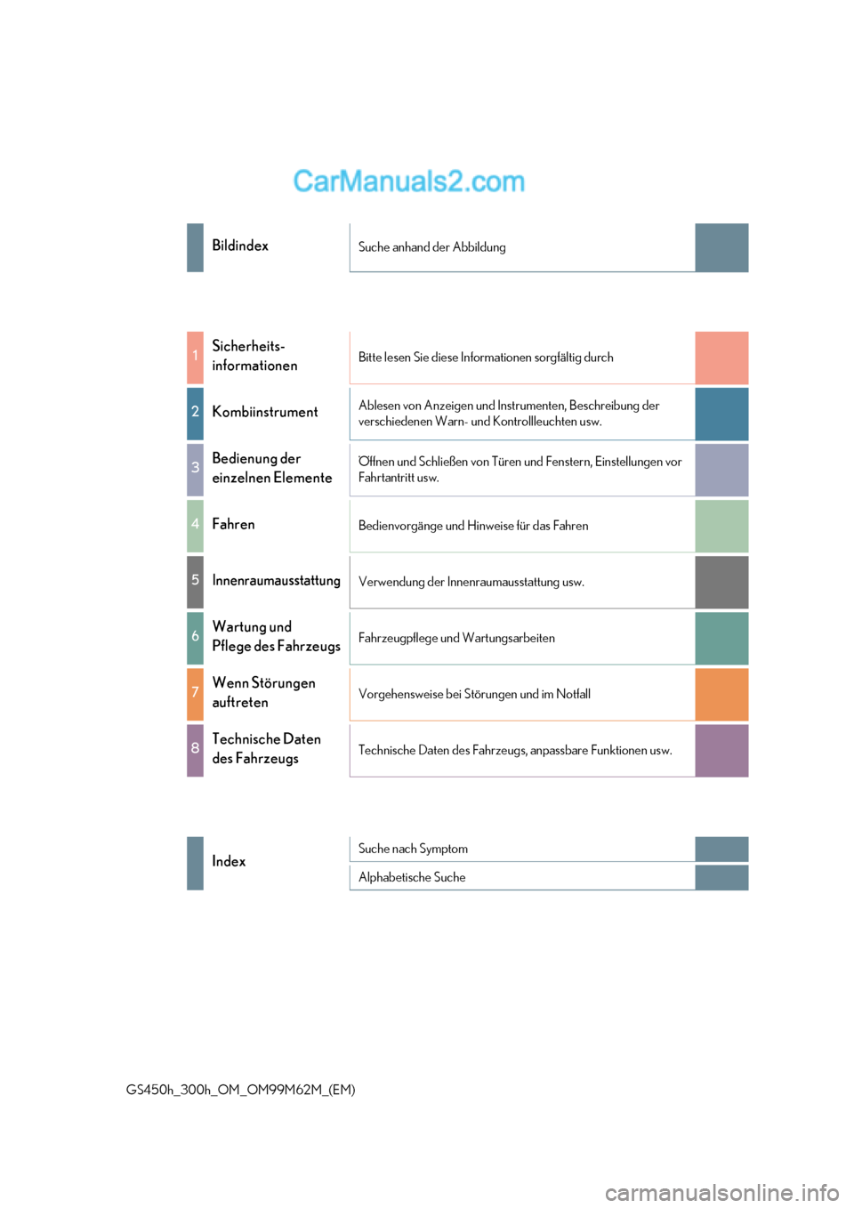 Lexus GS300h 2017  Betriebsanleitung (in German) GS450h_300h_OM_OM99M62M_(EM)
BildindexSuche anhand der Abbildung
1Sicherheits- 
informationenBitte lesen Sie diese Informationen sorgfältig durch
2Kombiinstrument
Ablesen von Anzeigen und Instrumente