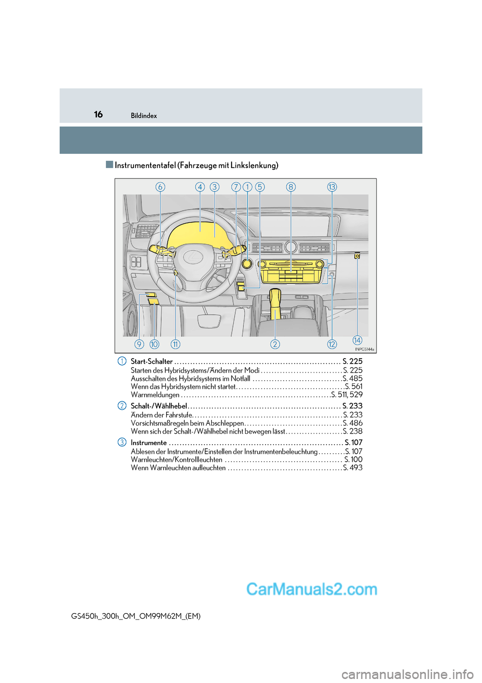 Lexus GS300h 2017  Betriebsanleitung (in German) 16Bildindex
GS450h_300h_OM_OM99M62M_(EM)
■Instrumententafel (Fahrzeuge mit Linkslenkung) Start-Schalter  . . . . . . . . . . . . . . . . . . . . . . . . . . . . . . . . . . . . . . . . . . . . . . .