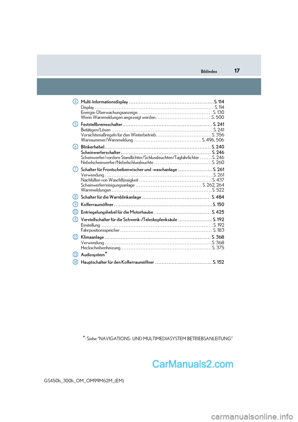 Lexus GS300h 2017  Betriebsanleitung (in German) 17
Bildindex
GS450h_300h_OM_OM99M62M_(EM) Multi-Informationsdisplay  . . . . . . . . . . . . . . . . . . . . . . . . . . . . . . . . . . . . . . . . . . . . . . . . . . .
 .S. 114
Display . . . . . . 