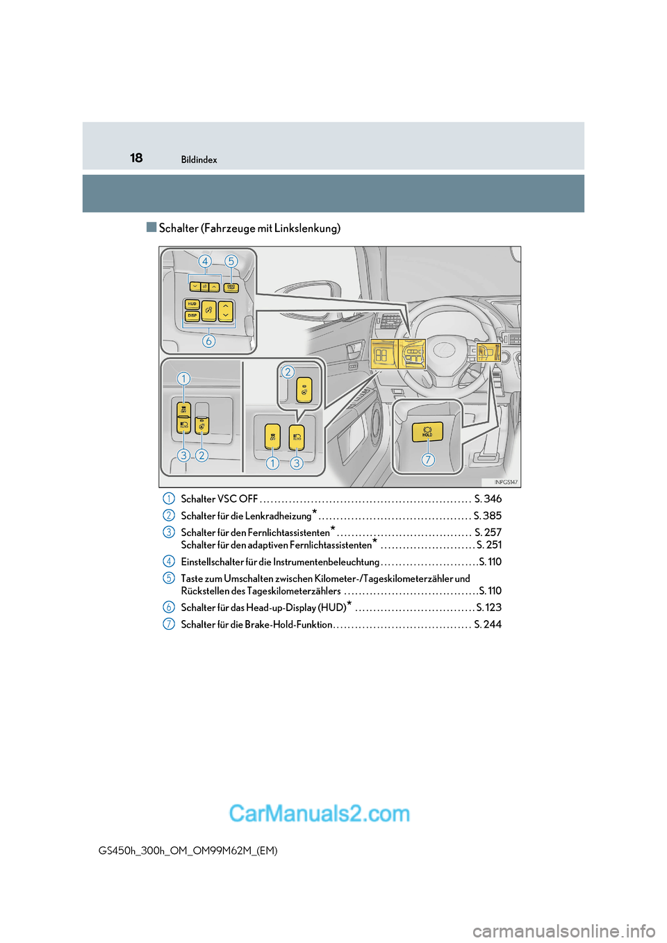 Lexus GS300h 2017  Betriebsanleitung (in German) 18Bildindex
GS450h_300h_OM_OM99M62M_(EM)
■Schalter (Fahrzeuge mit Linkslenkung) Schalter VSC OFF . . . . . . . . . . . . . . . . . . . . . . . . . . . . . . . . . . . . . . . . . . . . . . . . . . .