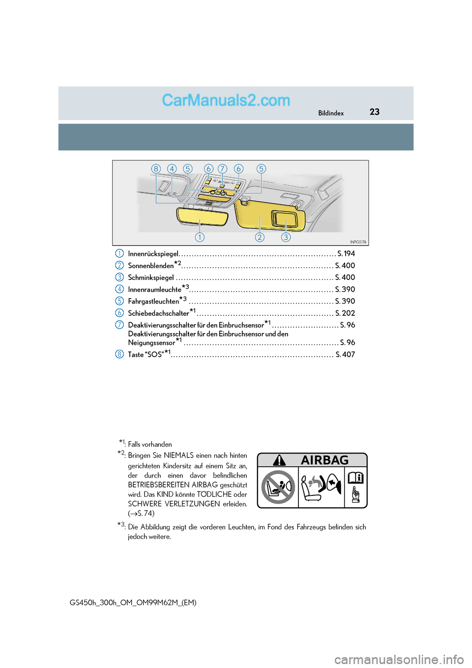 Lexus GS300h 2017  Betriebsanleitung (in German) 23
Bildindex
GS450h_300h_OM_OM99M62M_(EM) Innenrückspiegel. . . . . . . . . . . . . . . . . . . . . . . . . . . . . . . . . . . . . . . . . . . . . . . . . . . . . . . .
 . . . . . S. 194
Sonnenblend